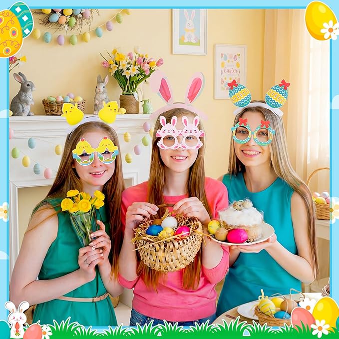 24 Pcs Easter Party Paper Glasses Frame Funny Bunny Ears Colorful Eggs Chick Eyeglasses for Easter Party Favors Decorations Photo Booth Props Basket Stuffers
