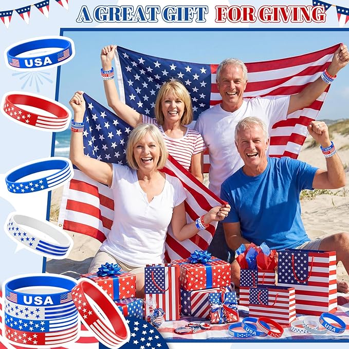 Sosation 72 Pcs 4th of July Party Favors Bracelets USA American Flag Red White and Blue Bracelet Patriotic Silicone Wristbands for 250th Anniversary Independence Day Party Favor