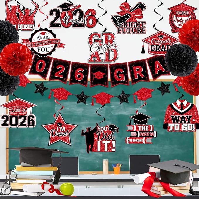 Red and Black Graduation Decorations 2026, 2026 Grad Banner and Congrats Grad Hanging Swirls, Red Graduation Banner Graduations Hanging Swirls College Graduations Party Decorations Class of 2026