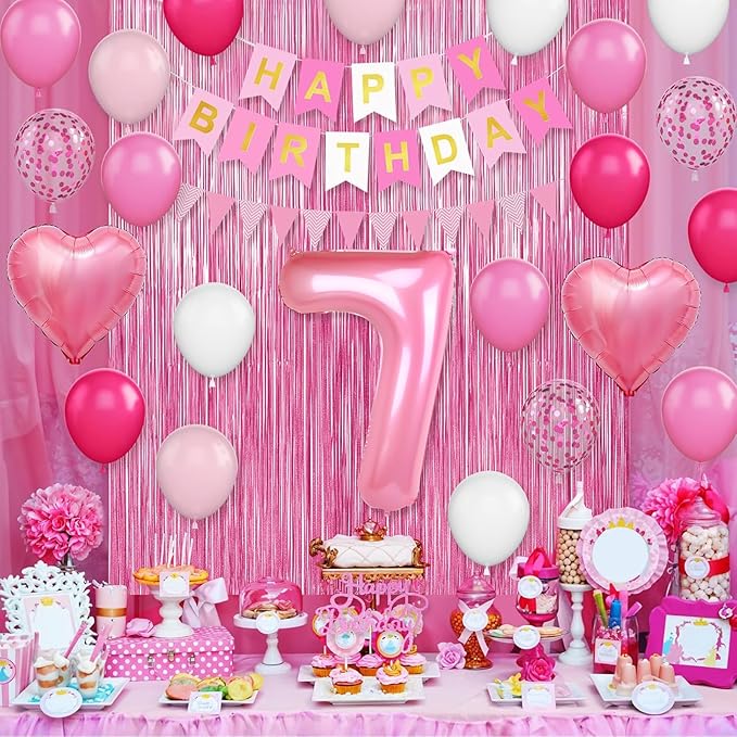 7th Birthday Decorations for Girls: Hot Pink Balloons, Happy Birthday Banner, Fringe Curtain, Cake Topper, Heart Balloons