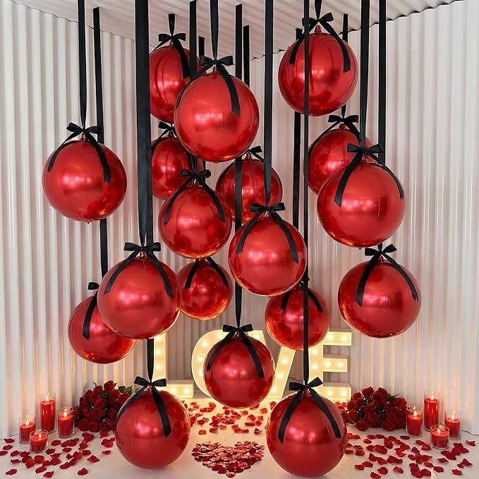 20 Pcs Metallic Red Foil Balloons Giant 22 Inch 4d Round Metallic Red Balloons with Black Ribbon for Birthday New Year Anniversary Tea Party Decorations