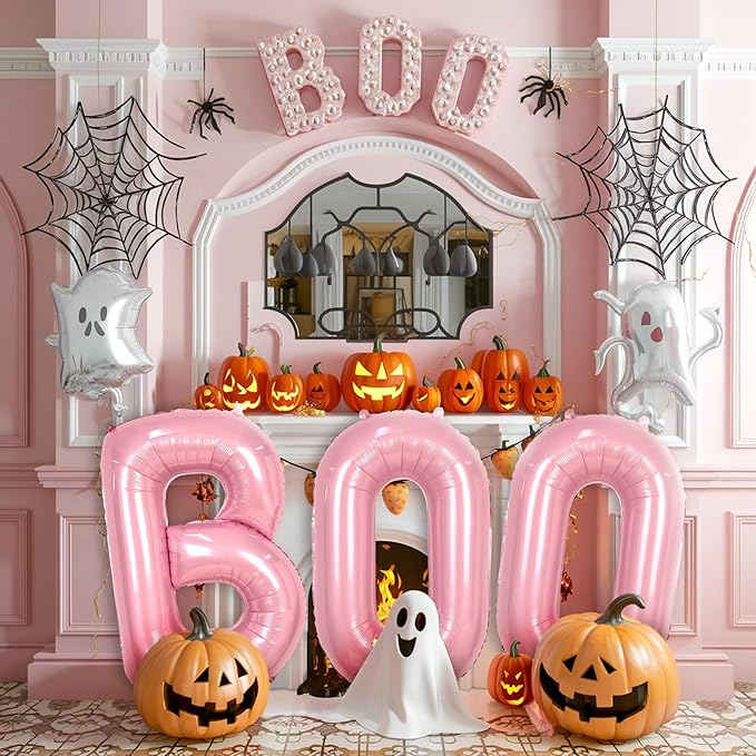 Biapian 40 Inch Halloween Boo Balloons, Giant Pink Boo Balloon Banner Set, 3 Pcs Psatel Foil Boo Letters Balloons Bunting Kit for Girls Horror Spooky Theme Halloween Birthday Party Decoration
