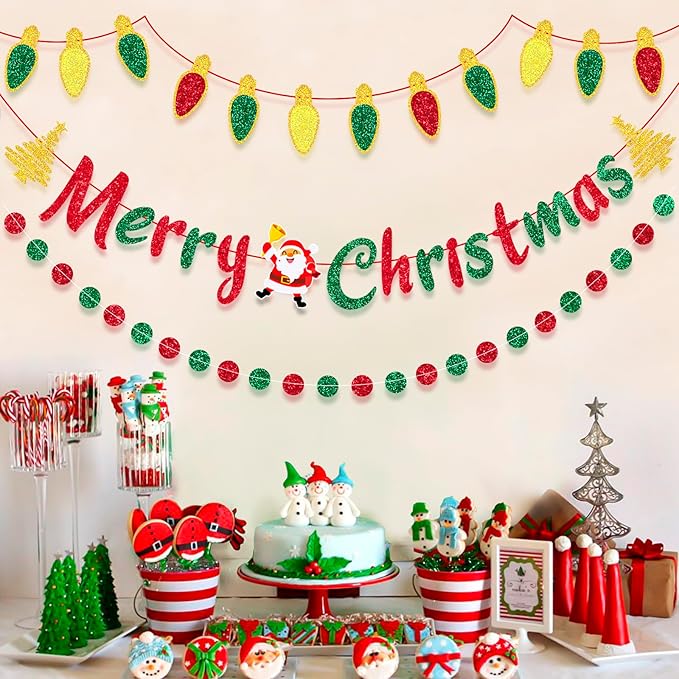 Christmas Banner Decorations - Glitter Merry Christmas Banner - Christmas Decorations, Indoor/Outdoor Party Supplies for Holiday Decor, Home, Office, Classroom, Fireplace and more