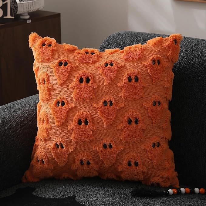 DFXSZ Halloween Pillow Covers 20x20 inch Set of 2 Orange Ghost Throw Pillow Cases Soft Plush Faux Fur Wool Couch Cushion Case for Chair Sofa Bedroom Living Room Home Decor PTK03C20