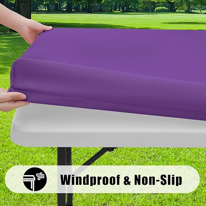 Smiry 2 Pack Rectangle Picnic Table Cloth, Waterproof Elastic Fitted Tablecloths, Washable Polyester Rectangular Patio Table Cover for Camping, Indoor and Outdoor (Purple, 30"x72")