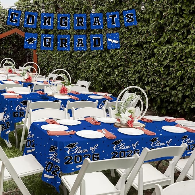 Gatherfun 2026 Graduation Decorations : 2-Pack Congrats Grad Disposable Tablecovers - Class of 2026 Blue Themed Table Cloths, for Graduation Party Supplies & Graduation Backdrop, 54" X 108"