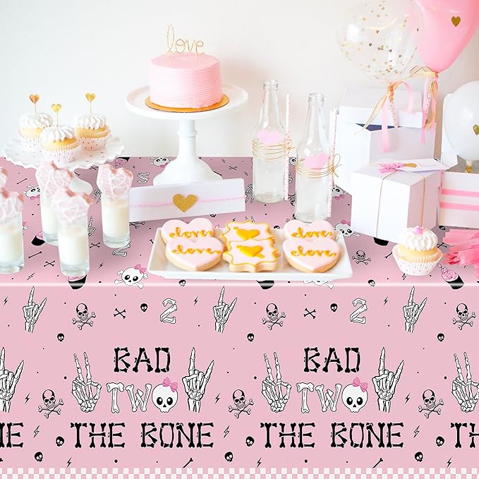 K1tpde 3PCS Bad Two The Bone Party Tablecloth for Girls, Music Themed 2nd Pink Plastic Tablecloth, Rock and Roll 2nd Disposable Table Covers for Birthday Decoration, Bad To The Skeleton Party Supplies