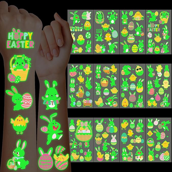 115 Pcs Easter Basket Stuffers, 12 Sheets Luminous Easter Tattoos for Egg Fillers, Fake Bunny Temporary Tattoos Stickers for Basket Crafts Decorations Gifts Egg Bags Fillers Party Favor