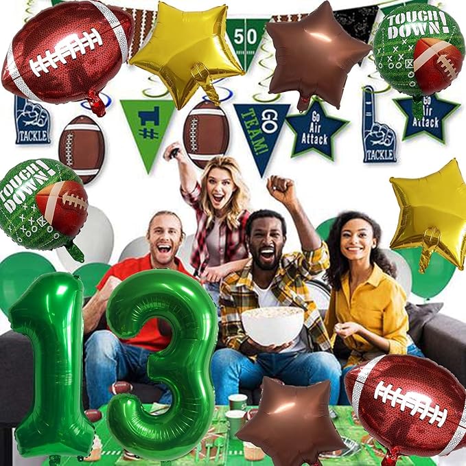 Football Birthday Decorations - 13th Birthday Balloon Rugby Gold Brown Star Rugby Field Touchdown Sports Theme Party Supplies - 10Pcs