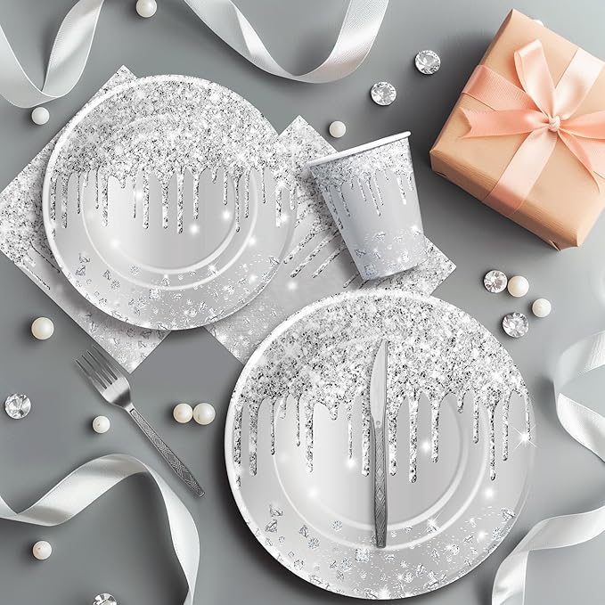 Silver Plates And Napkins Party Supplies - Silver Party Decorations Tableware For Birthday Bridal Shower, Paper Plate, Napkin, Cup, Cutlery, Diamonds Glitter Table Decorations | Serve 24