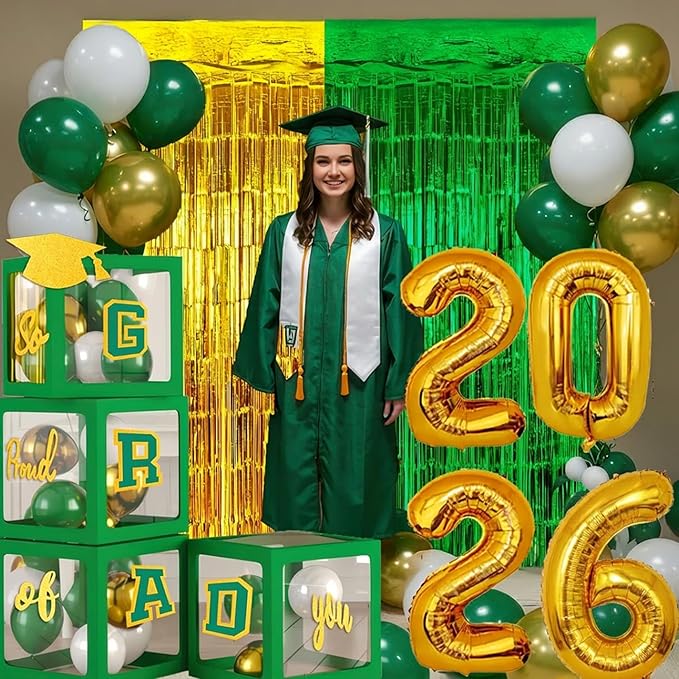 Green Graduation Decorations 2026 Set of 4 GRAD Balloon Boxes with Balloon Arch Garland Kit mylar balloons Fringe Curtain So Proud of You 2026 prom Graduation Decorations