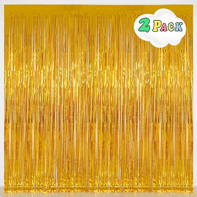 Gold Tinsel Backdrop Curtains, Melsan 3.2 x 8 ft Gold Foil Fringe Curtain Streamers for Birthday, Anniversary, Graduation & Photo Booth, Pack of 2