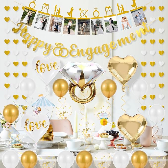 Engagement Party Decorations - Gold Engagement Congratulations Decor, HAPPY ENGAGEMENT Banner, Thickened ECO Ring Balloon Kit with Photo Timeline Banner, Heart Streamers Garlands