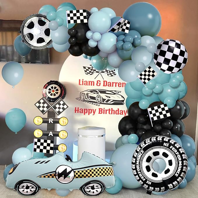 Race Car Balloon Garland Arch Kit 154PCS Dusty Blue Black Latex Balloon Wheel Checkered Foil Balloons for Race Car Baby Shower Party Two Fast Birthday Party Decorations