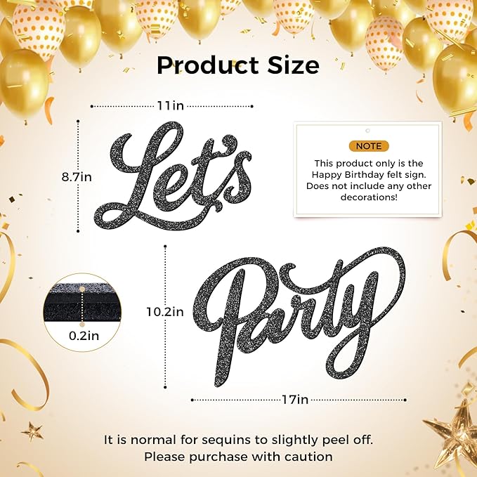 Babenest Let's Party Felt Sign, Flash Black Reusable Glitter Letter Banner for Backdrop, Balloon Arch Decor, Party Supplies for Graduation, Birthday, Wedding, Bachelorette, Christmas, Home Bar, Man Cave Wall Decorations