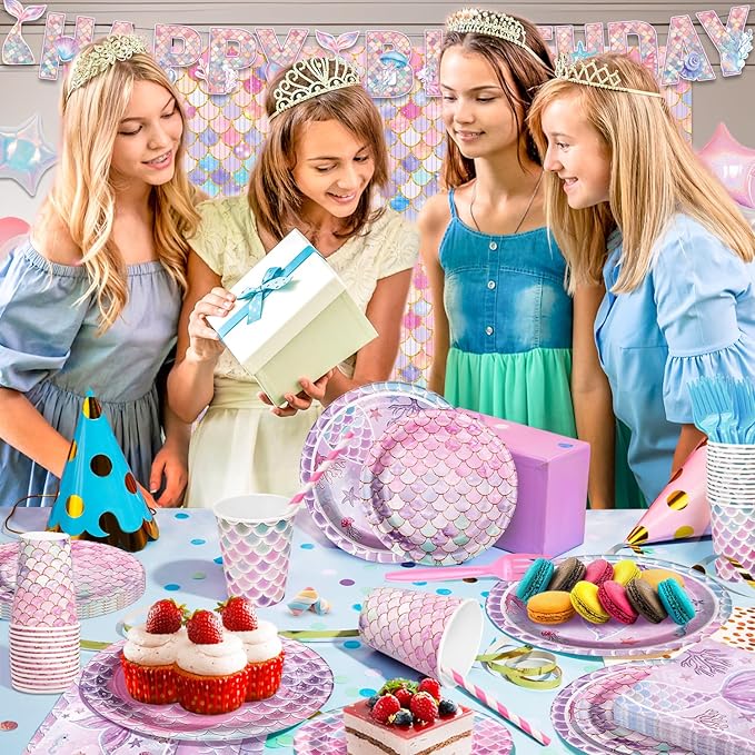 300Pcs Mermaid Plates and Napkins Tableware Sets (Serve 50), Mermaid Party Supplies (Blending 2 Designs ), Including Plates Napkins Cups Straws and Forks, Party Decorations
