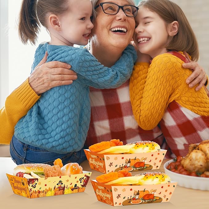 50Pcs Thanksgiving Food Trays, 5.94" x 3.34" x 2.16" Thanksgiving Party Supplies Disposable Fall Boats, Pumpkin Turkey Paper Serving Tray, Food Boats for Snack Popcorn, Harvest Party Decorations