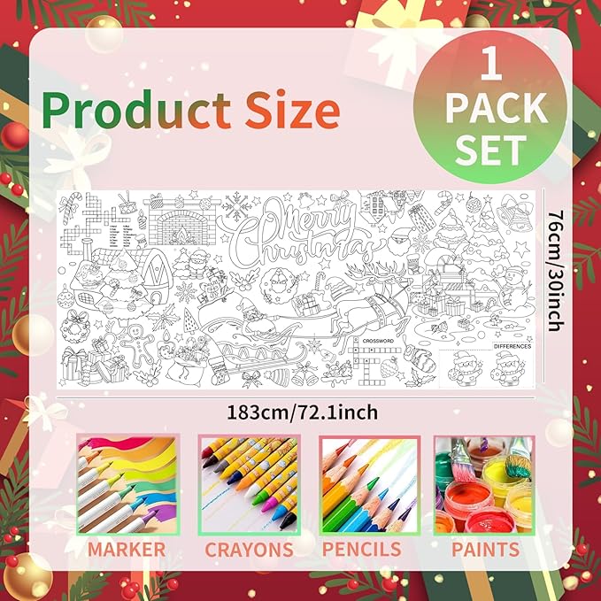 Christmas 30 x 72 Inches Jumbo Paper Coloring Tablecover, Giant Coloring Poster/Tablecloth, Classroom Activities Banner Christmas Party Decorations Crafts for Kids