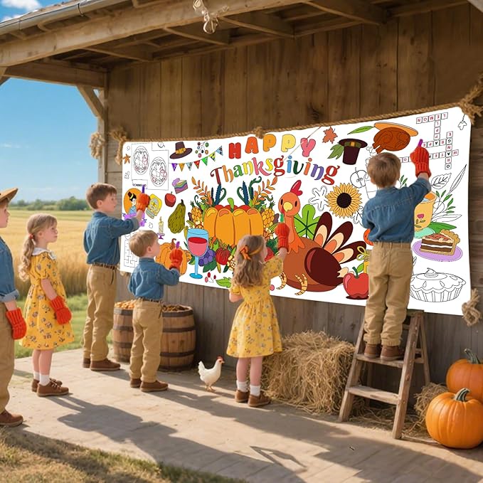 Thanksgiving Giant Coloring Poster,72 x 30 Inches Large Fall Thanksgiving Tablecloth/Banner for Kids DIY Coloring Tablecovers Gifts Turkey Pumpkin Fruits Fall School Classroom Home Party Supplies