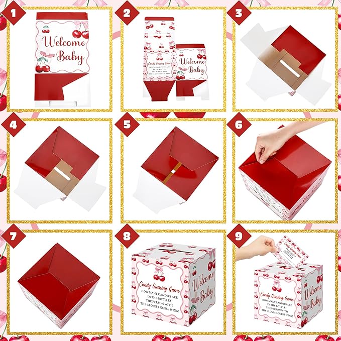 Glenmal 52 Pcs Cherry Baby Shower Games Gift Sets Large Baby Bottle for Shower Game Guess How Many Candies Decorations for Gender Reveal