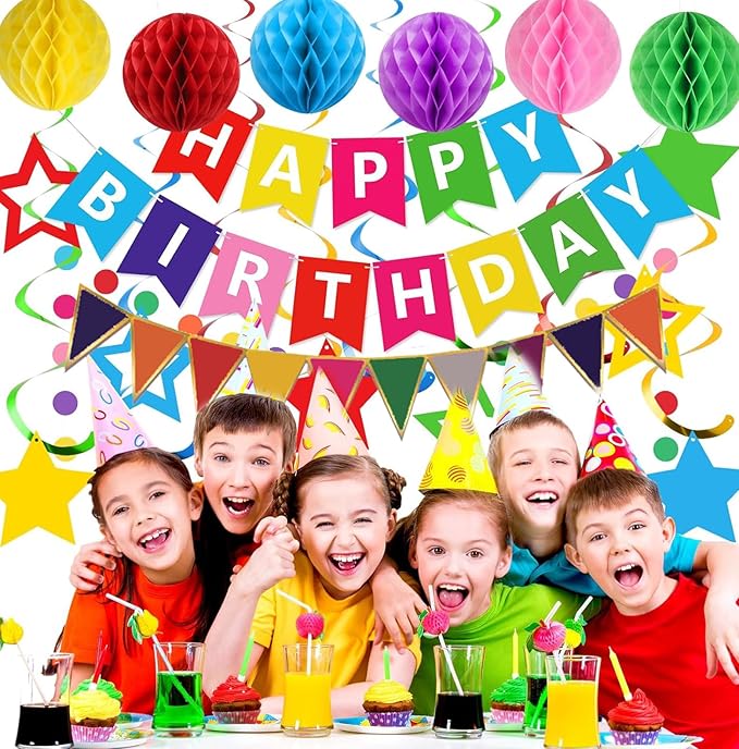 Colorful Birthday Decorations, Happy Birthday Banner with Honeycomb Balls, Stars Hanging Swirl Streamers, Buntings Circle Dots Garland, Party Decorations for Women Men Boys Girls (Colorful)
