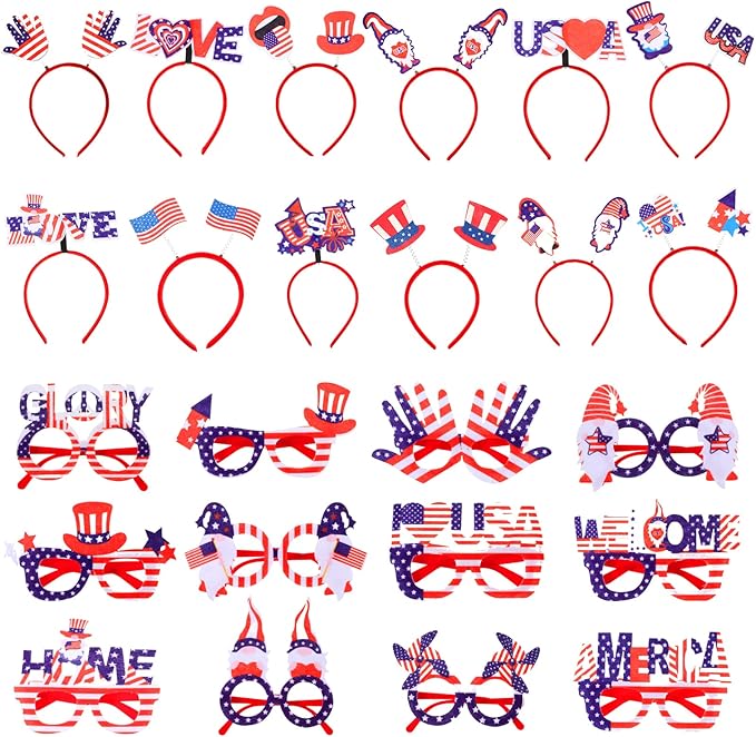 Retrowavy 24 Pcs 4th of July Party Favors Patriotic Accessories 12 Headbands and 12 Glasses Fourth of July Head Boppers American Flag Decorations for Independence Day Memorial Day Party Supplies