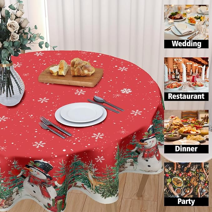 Red Christmas Round Tablecloth 70 Inch Xmas Snowman Pattern Circle Table Cloth Winter Snowflake Table Cover Washable Polyester Decorations for Home Kitchen Dinning Party