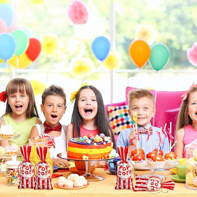 Outus 100 Pcs Popcorn Bags for Party Popcorn Treat Bags Red and White Stripe Carnival Candy Containers with a Roll of Red Ribbon for Circus Carnival Party Birthday Favor