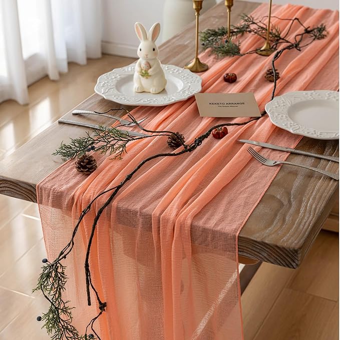 Keketoarrange Fresh Salmon Easter Spring Cheesecloth Table Runner Valentines Decor Peach Echo Gauze 120 Inch 10 FT Boho Table Runner for Wedding Baby Shower Bridal Shower Party Sheer Home Decorations
