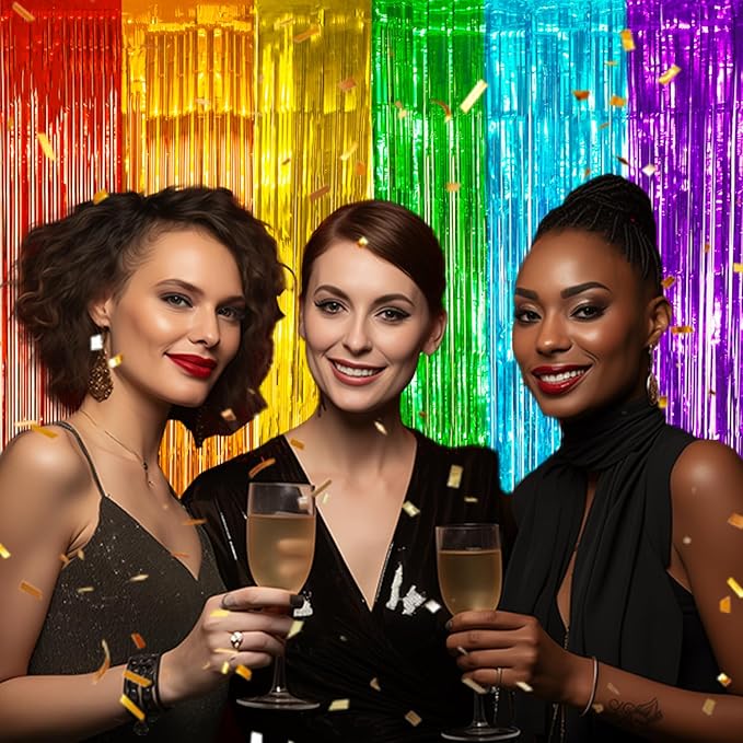 2 Pack Foil Fringe Backdrop - Combo Rainbow Shiny Tinsel Curtains for Party Decoration/Photo Booth Props - 3.3x6.6 FT Metallic Foil Backdrop for Birthday, Wedding, Graduation, Christmas.