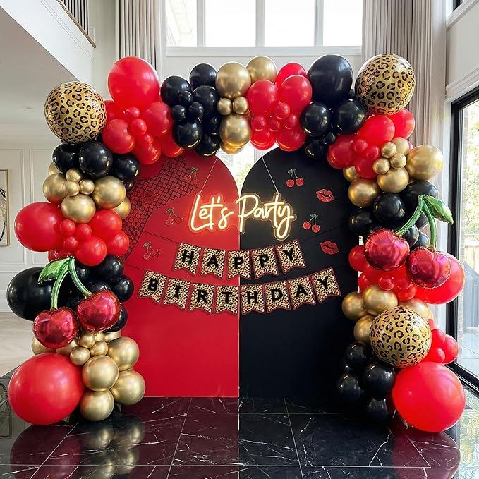 120Pcs Red Black Gold Balloon Garland Arch Kit with Leopard Print Balloons, Cherry Foil Balloons, Happy Birthday Banner for Girl Night Bachelorette Glamour Party Casino Birthday Party Decoration