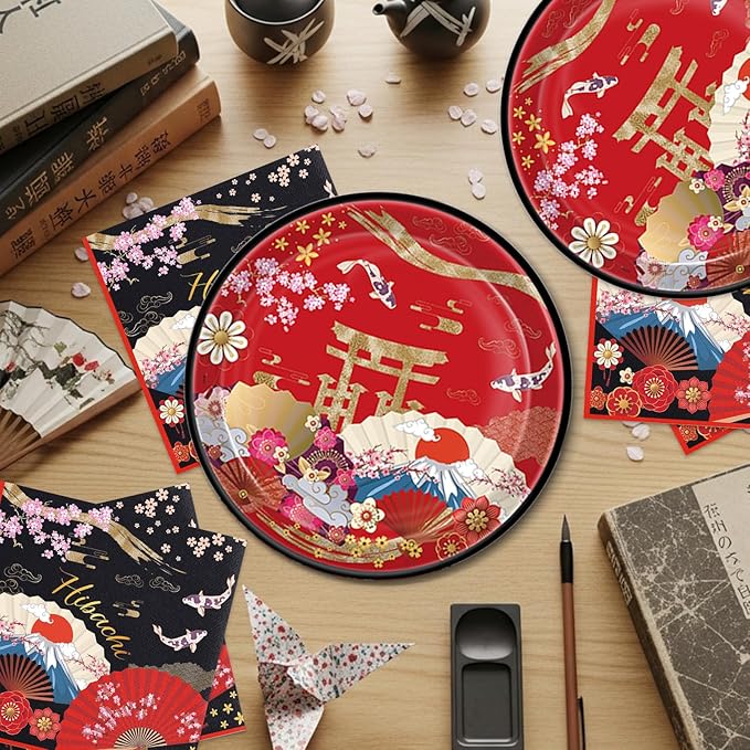 40Pcs Hibachi Birthday Party Plates and Napkins for 20 Guests Tableware Hibachi Supplies Oriental Crane Plum Folding Fans Japanese for Kids Baby Shower Birthday Party Decorations