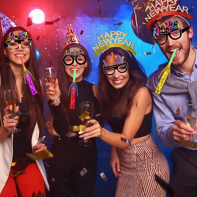Openfly 36Pcs New Years Eve Party Supplies 2026 Happy New Year Hats Headband Tiara Noise Makers Paper Glasses Party Favors