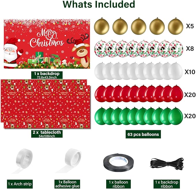 Christmas Party Decorations Set Includes Christmas Santa Claus Snowflakes Backdrop Table Covers Multi Color Balloons Foil Santa Claus and Deer Balloons for Xmas Party Supplies Favors (Classic Style)