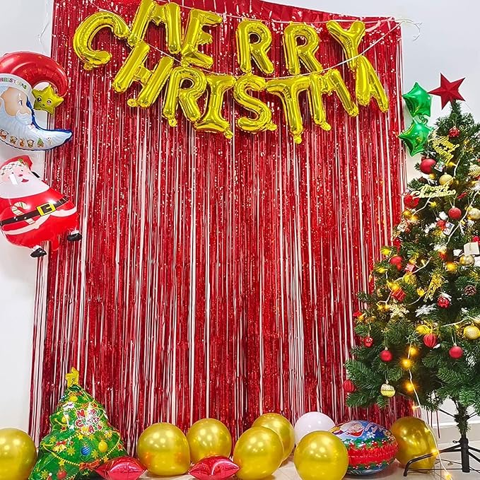 Foil Fringe Curtain Party Decorations - Black Red Metallic Tinsel Backdrop Party Steamers Curtains for Stranger/Boy/Men/Birthday/Prom/Bachelorette/Holidays Parties Decorations