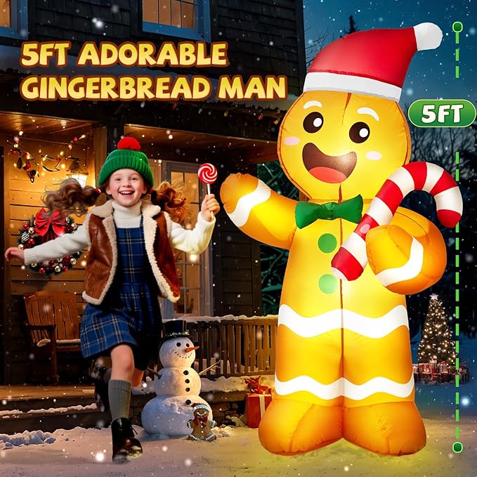 5FT Christmas Inflatables Gingerbread Man, Christmas Decoration Outdoor Built-in Bright LED Light Hold Candy Cane Blow Up Yard Decoration Blowups for Indoor Holiday Party Xmas New Year