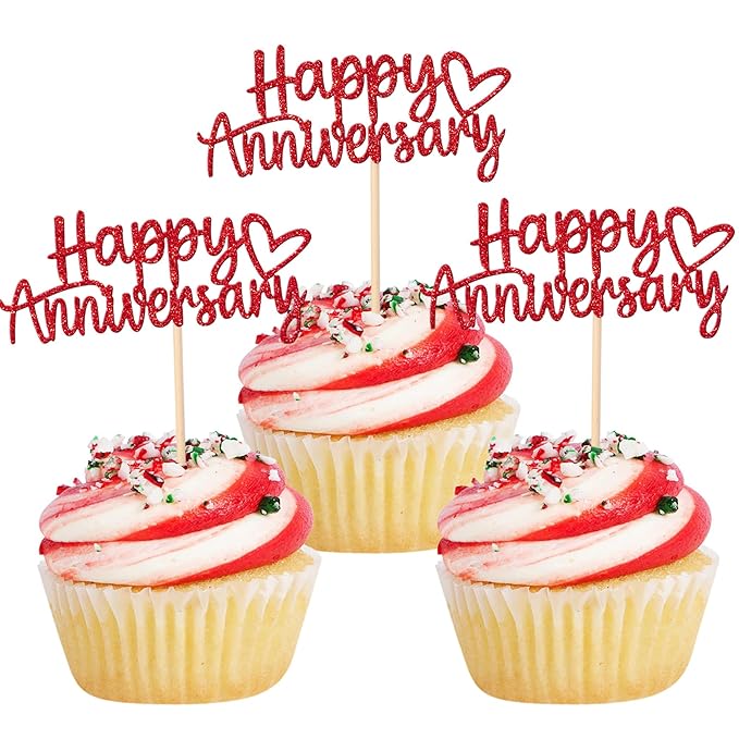 24 PCS Happy Anniversary Cupcake Toppers Glitter Wedding Anniversary Cupcake Picks Anniversary Theme Cupcake Decorations Baby Shower Birthday Wedding Anniversary Party Cake Decorations Supplies Red