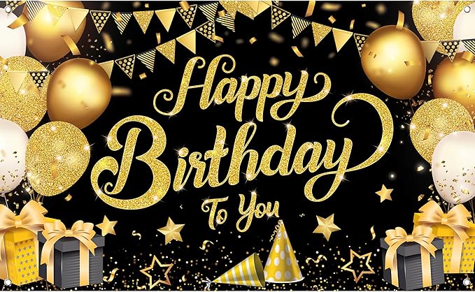 KatchOn, Black and Gold Happy Birthday Banner Sign - XtraLarge, 72x44 Inch | Black and Gold Backdrop Banner for Happy Birthday Decorations | Party Decorations for Men and Women
