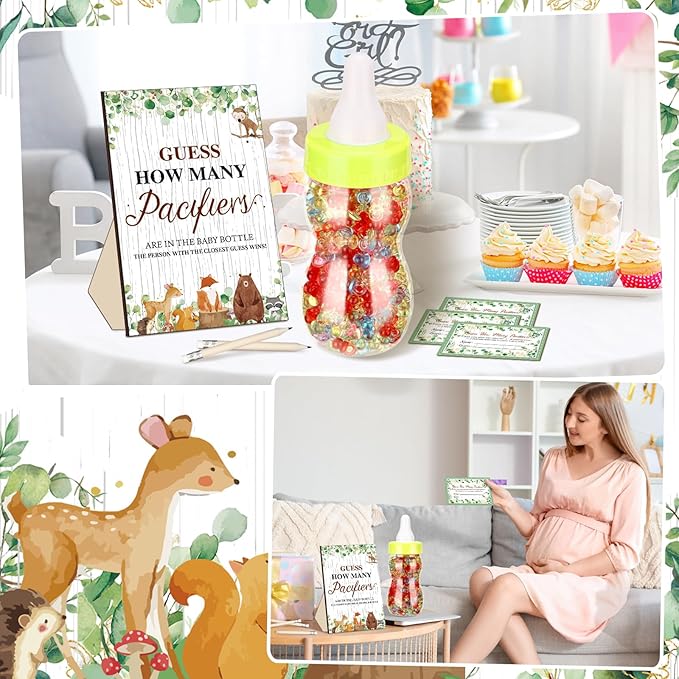 Syhood Woodland Animal Baby Shower Games Guess How Many Pacifiers Game Sign 50 Small Guessing Games 20 HB Pencils 750 ml Milk Bottle 400 Pacifiers Decorations Guests Gender Reveal Party Favors