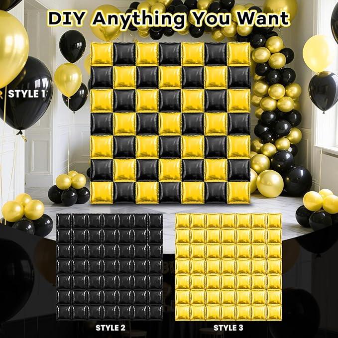 50 PCS Black and Gold Square Foil Balloons Wall Backdrop 19 Inch DIY Reusable Mylar Balloons Tunnel Garland Arch Kit for Graduation 2026, Retirement, Birthday, Anniversary Party Decorations