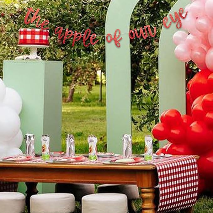 Red Glitter The Apple of Our Eye Banner - Fruit Theme Baby Shower Decorations, 1st Birthday Party Supplies, Apple of Our Eye Sign Photo Props for Gender Reveal, Baby Announcement Party