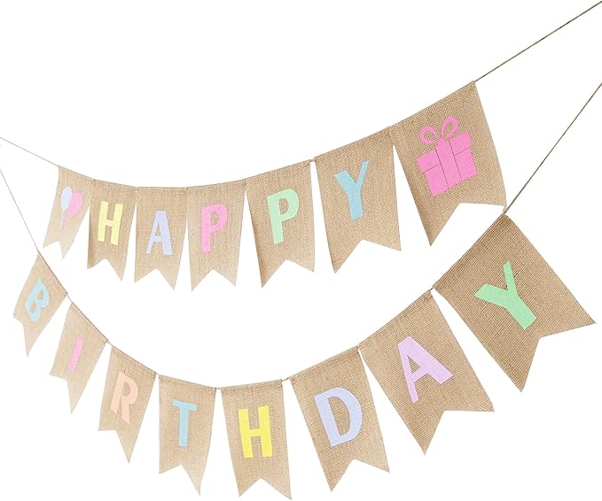 HUIHUANG Happy Birthday Burlap Banner - Colorful Pastel Bunting Banner Garland Flags for Rustic Birthday Party Decorations