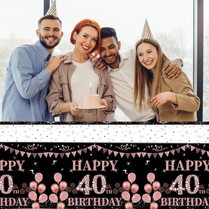 3 PCS 40th Black and Rose Gold Tablecloth Decorations Disposable Plastic Rectangle 40th Birthday Tablecloth for Girls Women Birthday Party Supplies (54x108inch)