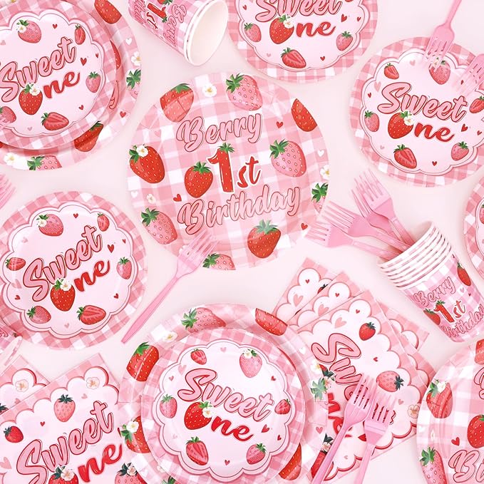 REDWORD Berry First Birthday Decor, 120Pcs Strawberry 1st Birthday Decorations with Plates Napkins Forks Cups Supplies for Girl First Sweet One Birthdays Party Decorations-Serves 24