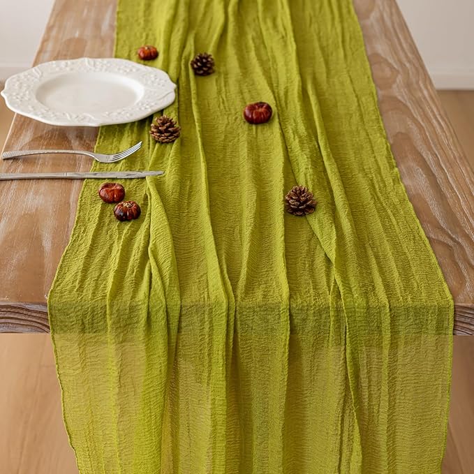 Keketoarrange Moss Green Cheesecloth Easter Spring Table Runner Gauze 120 Inch 10 FT Rustic Boho Cheese Cloth Runner for Wedding Baby Shower Bridal Shower Long Sheer St Patricks Day Home Decorations
