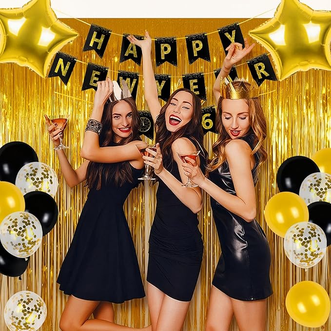 New Years Eve Party Supplies 2026, 2026 Happy New Year Banner Gold Fringe Curtains Black Gold Balloons for Happy New Year Decorations 2026 NYE Party Supplies