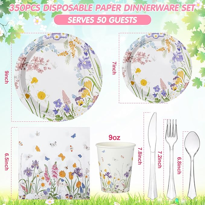 350 Pcs Easter Spring Floral Party Decoration Paper Plates Disposable Tableware Napkins Cups Knives Forks Spoons for 50 Guests Floral Baby Shower Party Tableware for Birthday