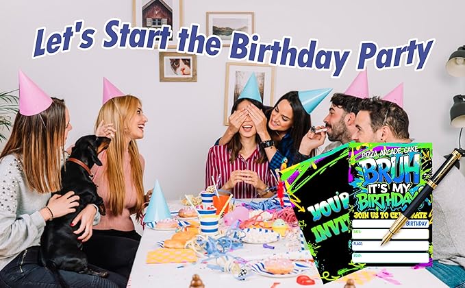 CLIRBE Bruh Birthday Party Invitations, Glow Neon Invited Birthday Invitations For Brother Bro Teen Boys, 20 Invites Cards With 20 Envelopes, Party Supplies Favors -H01