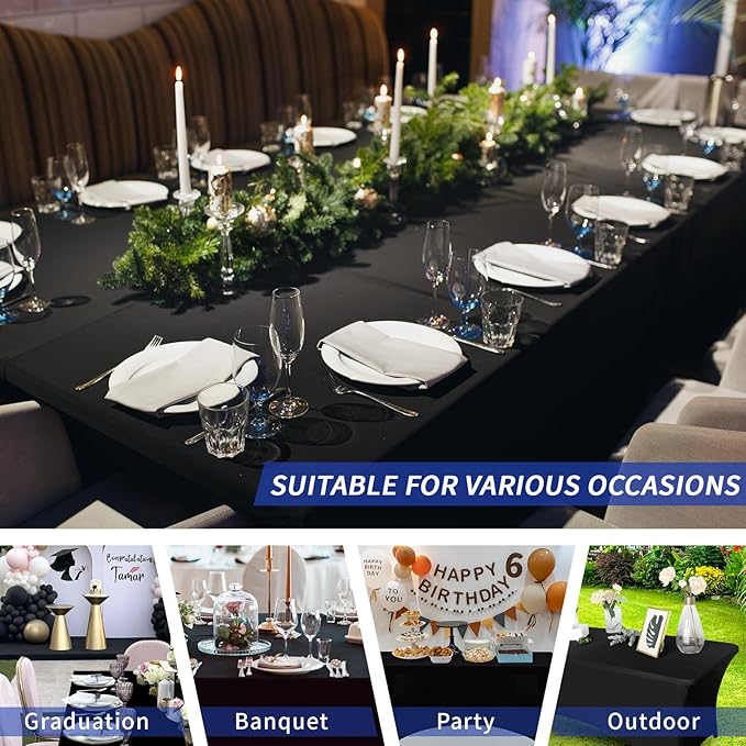 Fixwal 12 Pack Black Spandex Table Covers for 6 Foot Tables, Rectangular Fitted Stretch Table Cloth Rectangle Table for Wedding, Banquet, Party, Events