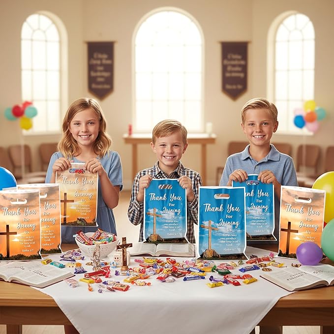 50Pcs Welcome to Our Church Party Favor Bags Religious Church Goodie Candy Treat Gift Bag, Christian Cross Party Decoration for VBS Sunday School Bible Verse Jesus Birthday Party Supplies